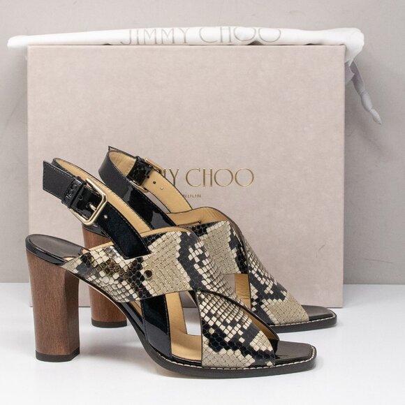 Jimmy Choo Shoes - Jimmy Choo Aix Snake Print Natural/Black Leather Sandal Heels